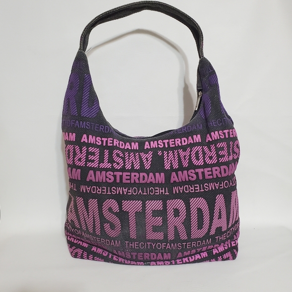 Robin Ruth Handbags - Robin Ruth Amsterdam Text Print Purple and Pink Women's Hobo Bag 100% Cotton